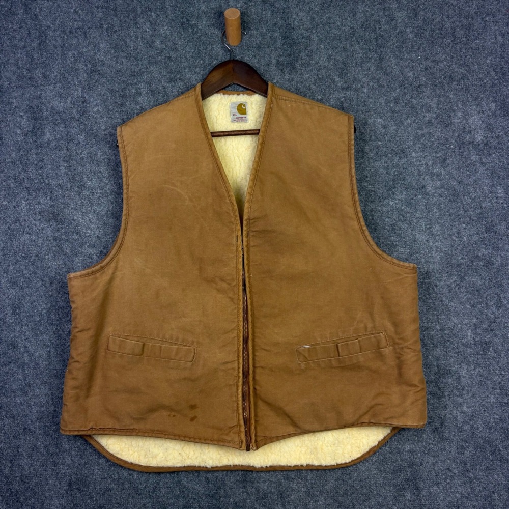 Carhartt Duck Vest Mens XXL Brown Sherpa Lined Vintage Canvas Workwear Union